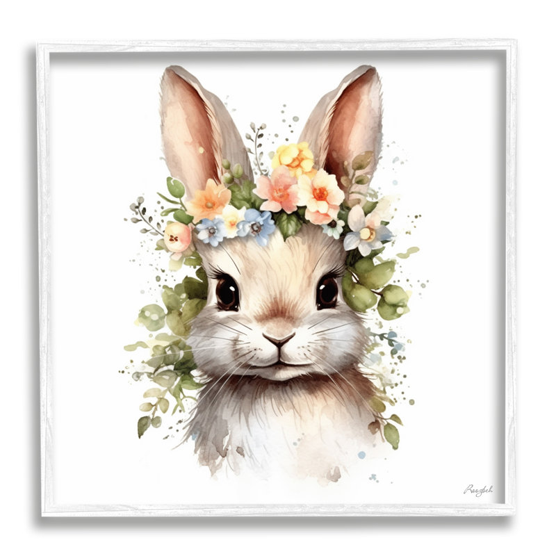 Guirlande de fleurs avec lapin de Roozbeh, Giclée encadrée blanc bord de mer, H 17 po x l 17 po x P 1,5 po