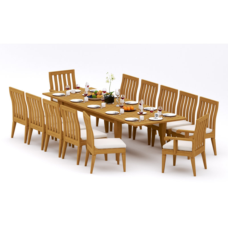 10 Seats 11 Pcs Grade-A Teak Wood Dining Set: 122" Atnas Double Extension Rectangle Table And 10 Caranas Chairs (2 Arm & 8 Armless Chairs) #11Ca2802