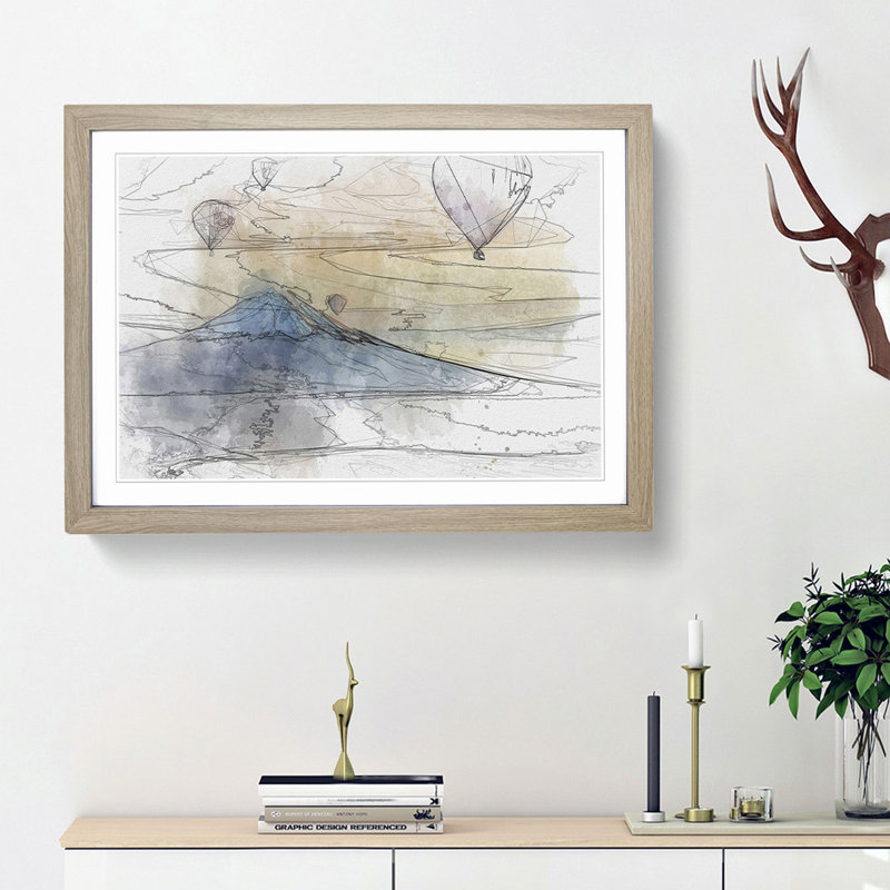 Hot Air Balloons Above Mount Fuji in Abstract - Picture Frame Graphic Art Print, 62cm H x 87cm W x 2cm D, Oak Framed