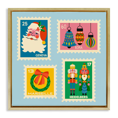 Cadre flottant rétro de Noël avec timbres-poste, design par Carrie Cantwell