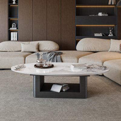 49.2" Modern Oval Coffee Table with Polished Sintered Stone Top, Architectural Open-Frame Stainless Steel Base, Open Storage Space