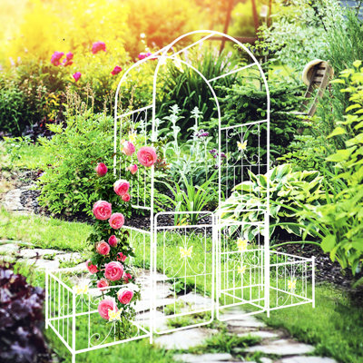 79.5''X86.6'' Metal Garden Arch, Cream White With Gate, Adds Outdoor Charisma Arch 79.5"X86.6", For Planting