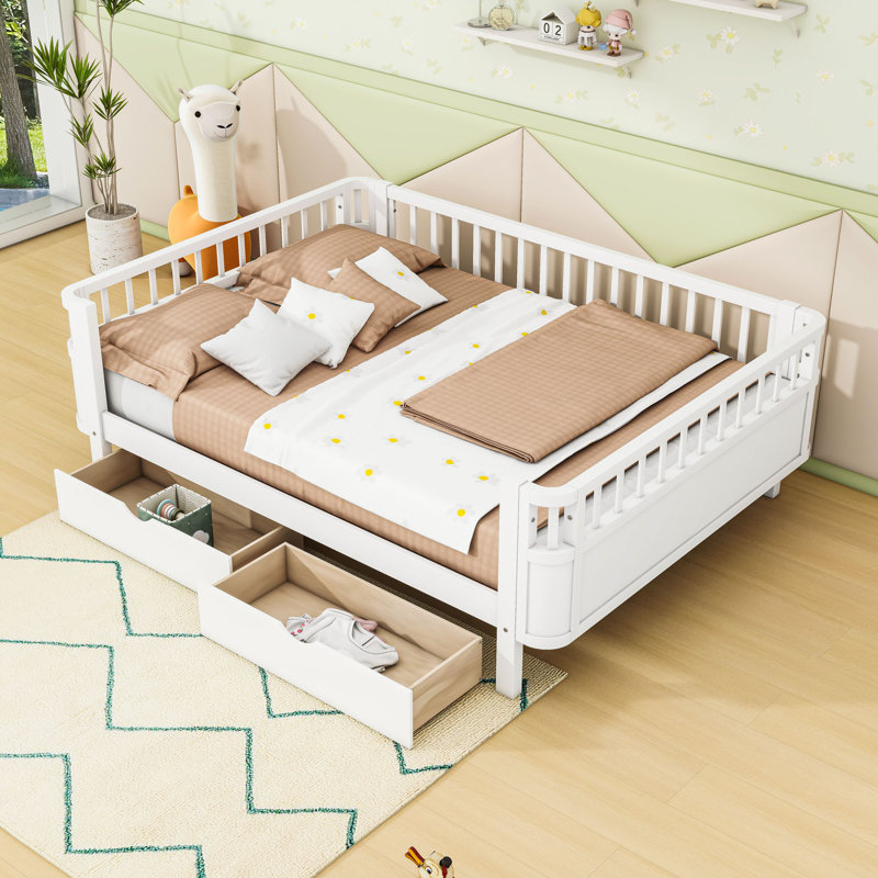 Wood Platform Bed With 2 Drawers And Fence, Full, White