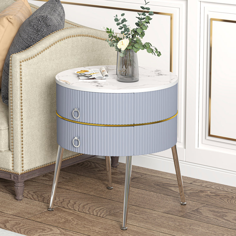 Midwest Side Table with Storage, White Marble/Chrome