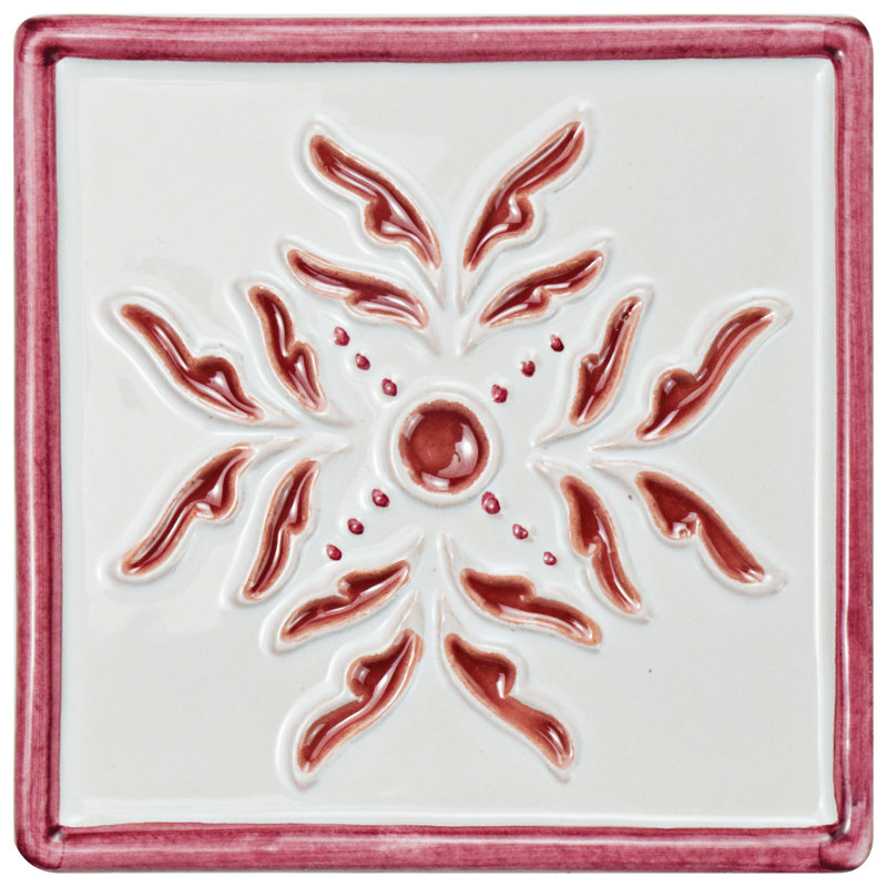 Novecento Taco Evoli 5" x 5" Ceramic Decorative Accent Tile, White/Burgundy