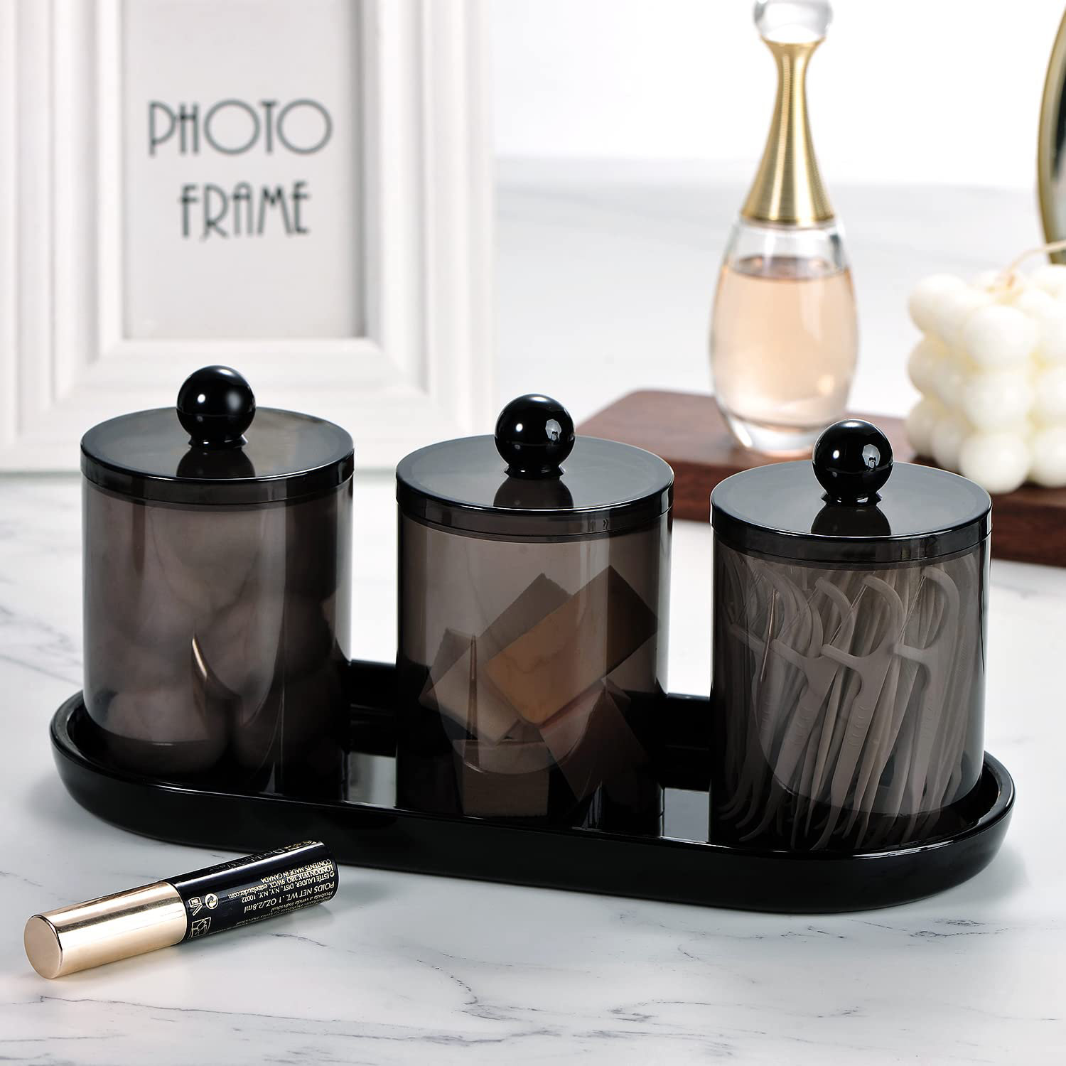 Qtip Holder Bathroom Set With Tray (4Pcs) - 3 Pack Acrylic