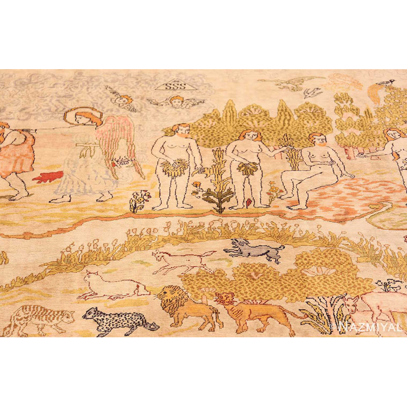 Tapis turc antique en soie Fine Biblical Adam And Eve
