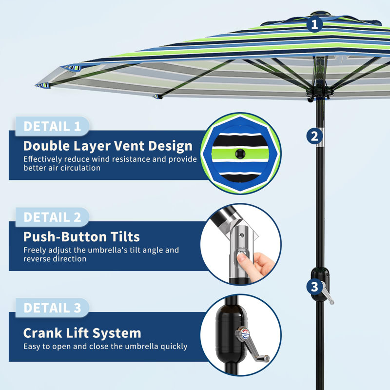 Parasol de patio 10 pi, 8 baleines robustes, avec manivelle et inclinaison à bouton-poussoir, Yellow Blue & Purple Stripe