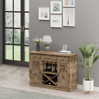 Armoire-bar Farmhouse, armoire à vin avec 3 tiroirs, armoire buffet avec support à vin en forme de X et porte-verres à pied, grain de chêne rustique