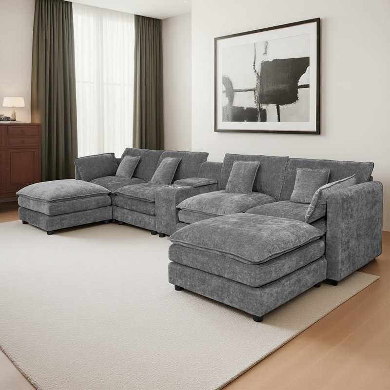 Plaisir Chenille Upholstered Sectional Sofa with Cup Holders & Pillows