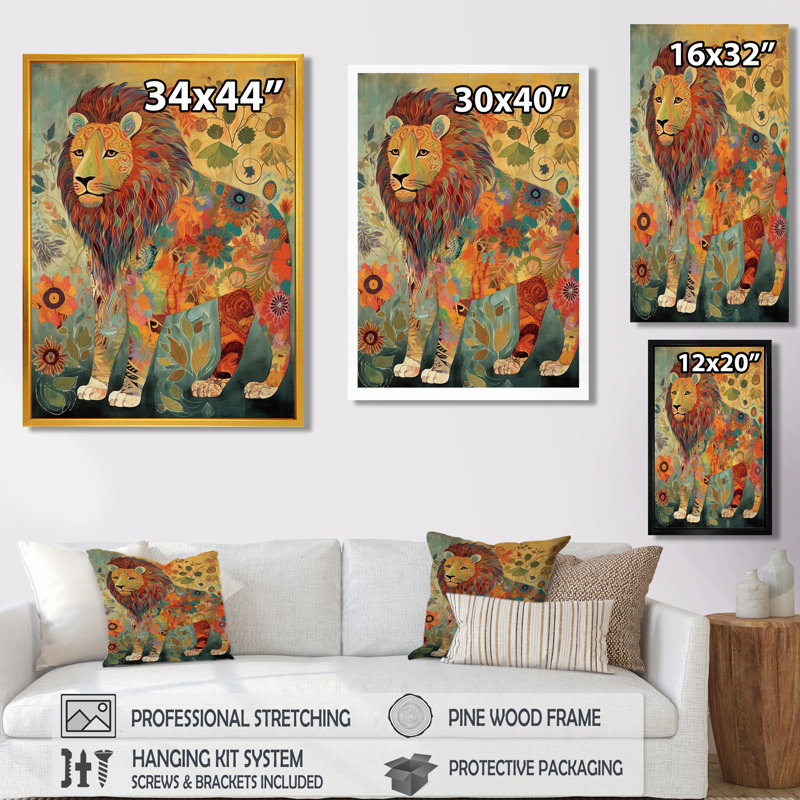 Lion boho fleuri, rétro, art mural lion, salon, H 20 po x l 12 po, Toile flottante noire encadrée