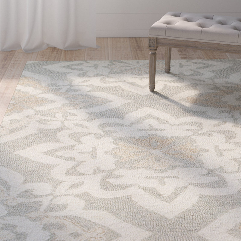 Alys Damask Hand Hooked Wool Grey/Sand Area Rug, Rectangle 10' X 13'
