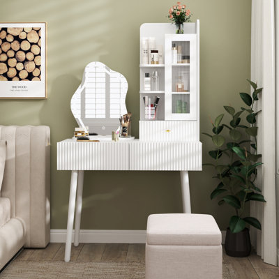 Bureau de coiffeuse avec miroir et lumières DEL, coiffeuse de maquillage avec 3 tiroirs, coiffeuse élégante avec tablettes ouvertes pour la chambre à coucher, blanc