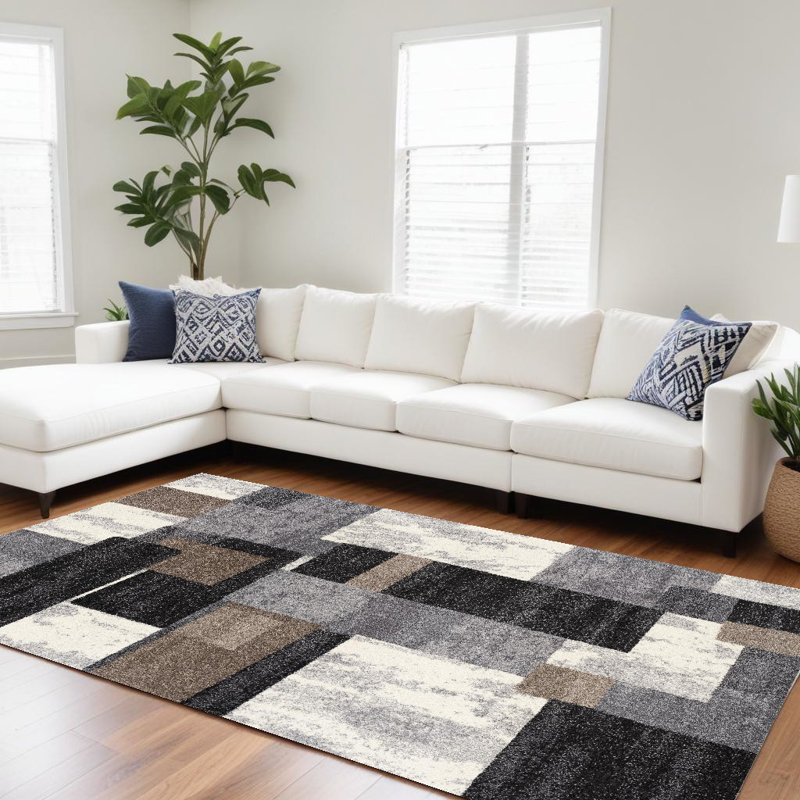 Grey Black and Brown Geometric Shag Power Loom Area Rug, Rectangle 8' x 11'