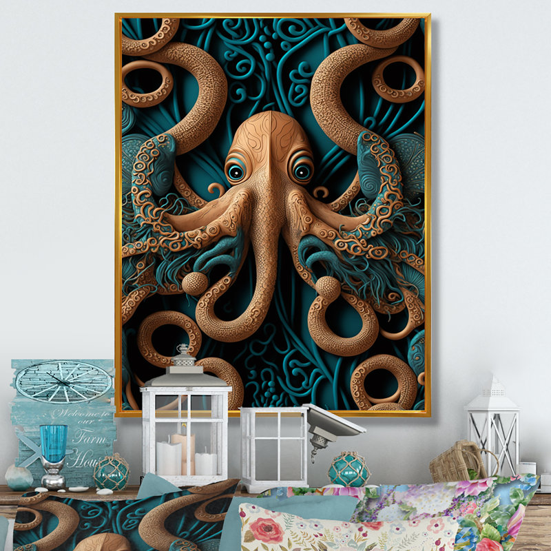 «Donyae Majestic Autre Monde Pieuvre», reproduction sur toile, L 16 po x H 32 po, Toile avec cadre flottant or