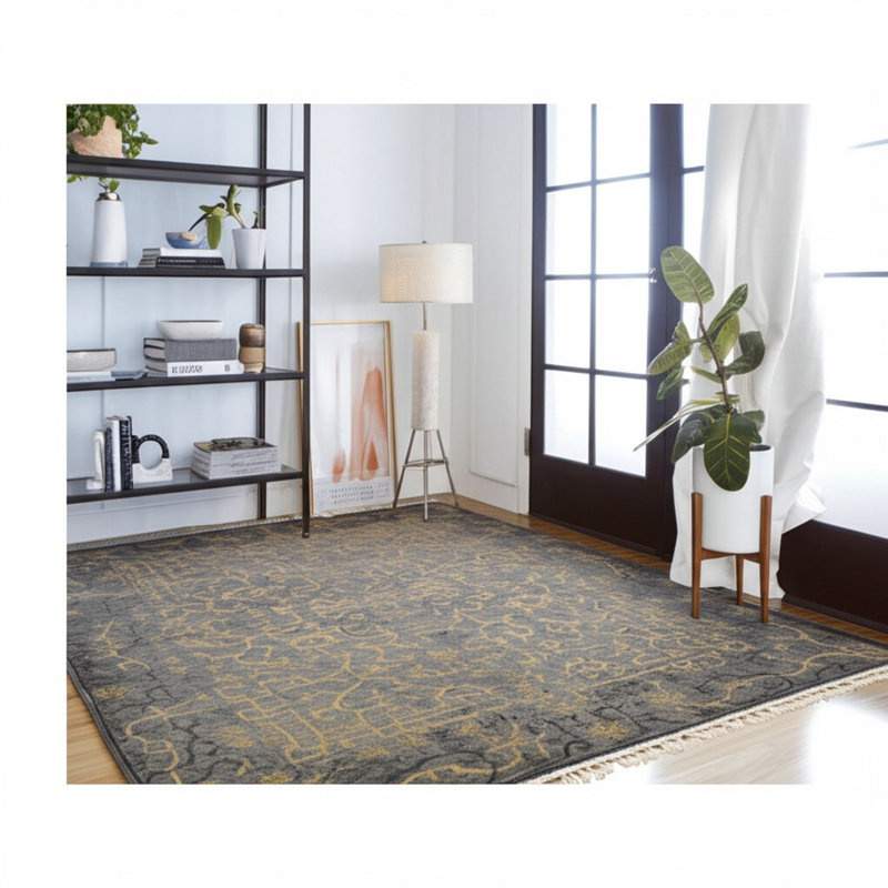 Black Hand-Knotted Wool Labyrinthine Border Geometric Modern Contemporary Carpet Rug, 6' x 8'