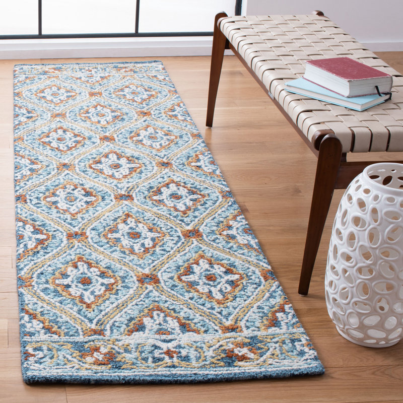 Tapis en laine / coton touffeté à la main Muhsin bleu marine / jaune, Tapis de couloir 2 pi 3 po x 10 pi