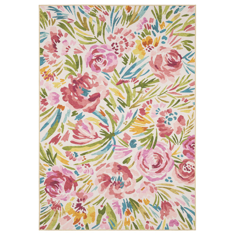 Winston Porter Runa Floral Indoor / Outdoor Area Rug in Beige/Pink ...