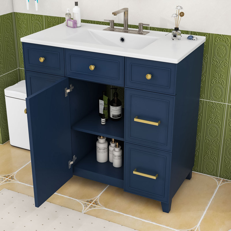 Ensemble de meuble-lavabo simple autoportant avec lavabo en résine Patnaude Modern, Marine