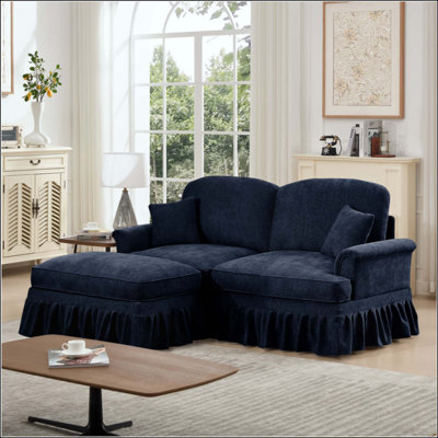 Elegant Mid Century Large Two Seater Modular L Shaped Sofa Couch With Flared Arms And Removable Ruffles Pleats Skirts And Spindle Legs, Comfy Chenille Loveseat Sofa With Movable Ottoman