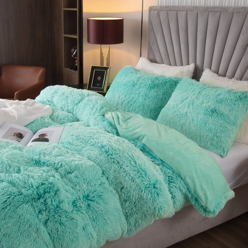 EMME Plush Shaggy 2/3pcs Duvet Cover Set Luxury Fuzzy Comforter Cover Set Bedding Set, Teal