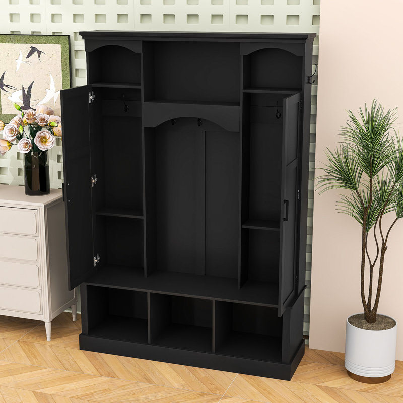 Hall Tree with Adjustable Shelves, Storage Bench and 7 Hooks, Black