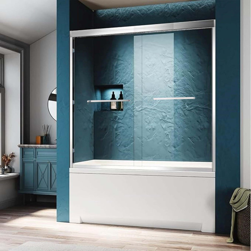 56-60"W X 60"H Double Sliding Tub Shower Door, Aluminium Alloy Frame In Chrome, 1/4" (6Mm) Thick SGCC Tempered Clear Glass.