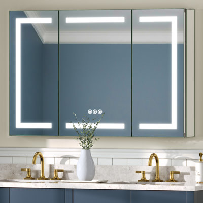 Pharmacie de salle de bain à DEL avec miroir, désembueur, capteur tactile, 3 couleurs, gradateur, prises et supports, encastré ou mural