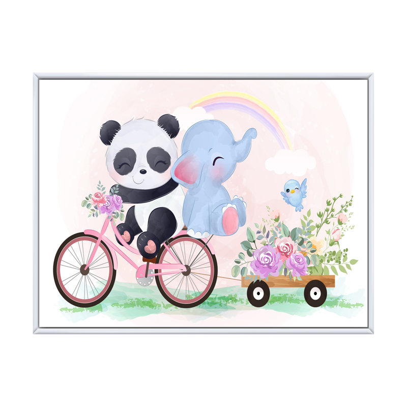 Mignon panda et éléphant sur un vélo - Cadre photo, impression sur toile, H 12 po x l 20 po x P 1 po, Cadre flottant blanc
