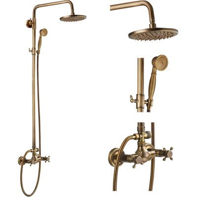 Ensemble de robinet de douche exposé en laiton antique - pomme de douche pluviale 8 po et douche à main, fixation murale à 2 fonctions en croix