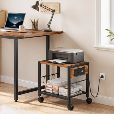 Industrial Printer Stand, 2-Tier Mobile Printer Table, Rolling Cart with Power Outlets and USB Ports