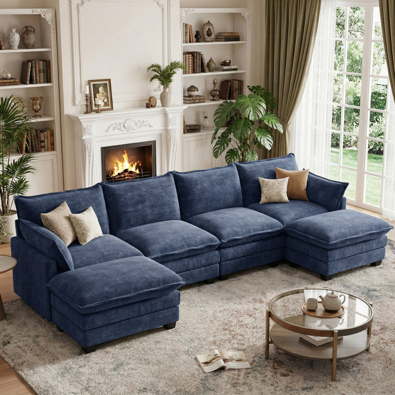 Canapé modulaire en forme de U 116,5 po, canapé modulaire confortable avec repose-pieds mobile pour le salon, 116.5" W, Bleu