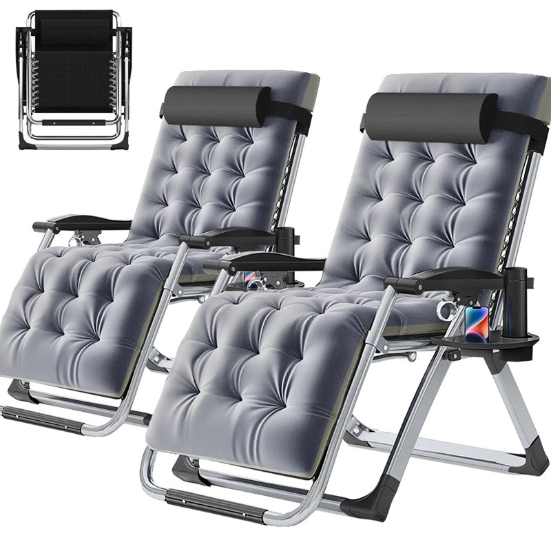 Fauteuil zéro gravité, fauteuil inclinable pliable avec coussin, appui-tête et porte-gobelet, Gris clair
