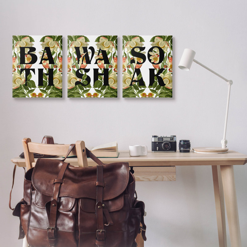 «Bath Wash Soak Floral Bathroom», ensemble d'art mural sur toile par Lil 'Rue, H 20 po x l 16 po x P 1,5 po