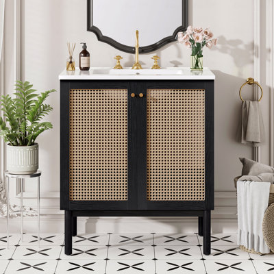 Meuble-lavabo de 30 po fabriqué à partir de matériaux naturels, avec des portes en rotin faites à la main et des mécanismes de fermeture en douceur