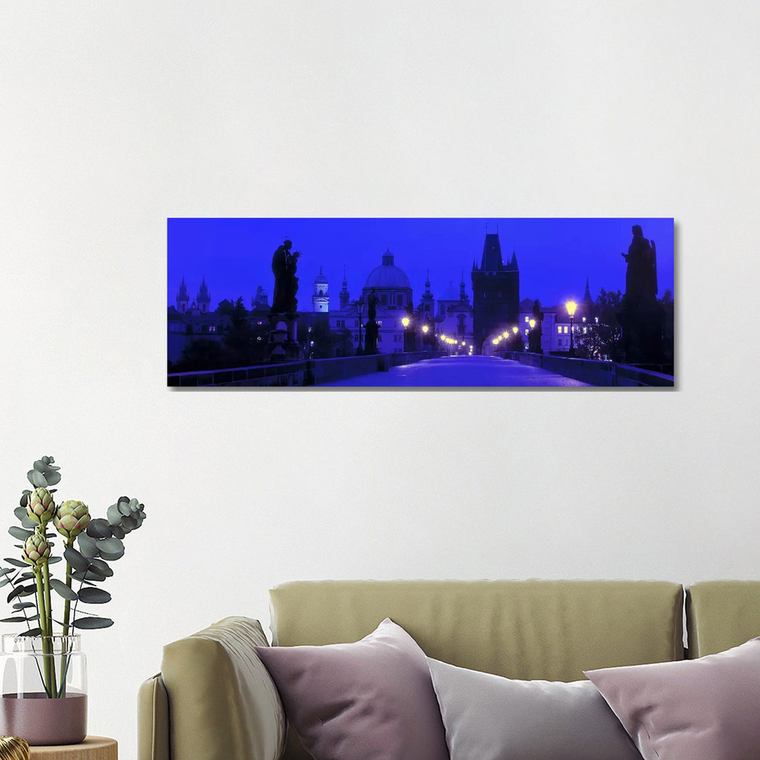 Charles Bridge At Night, Prague, Czech Republic - Wrapped Canvas Panoramic Print