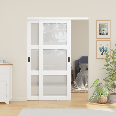 Porte coulissante pour garde-manger à 3 verres givrés l 60 po x H 80 po avec quincaillerie pour l'intimité, parfaite pour les garde-manger, les garde-robes et les chambres à coucher