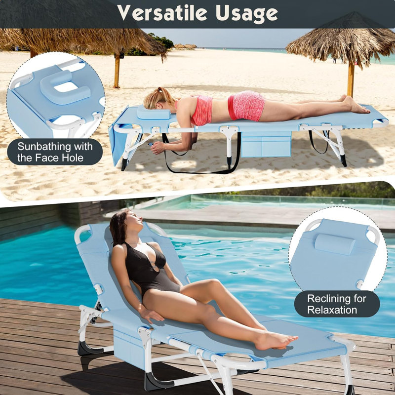 5-Position Adjustable Folding Tanning Lounge Chair With Face Hole, Portable Outdoor Sunbathing Chaise For Pool, Beach, Patio, And Backyard Relaxation
