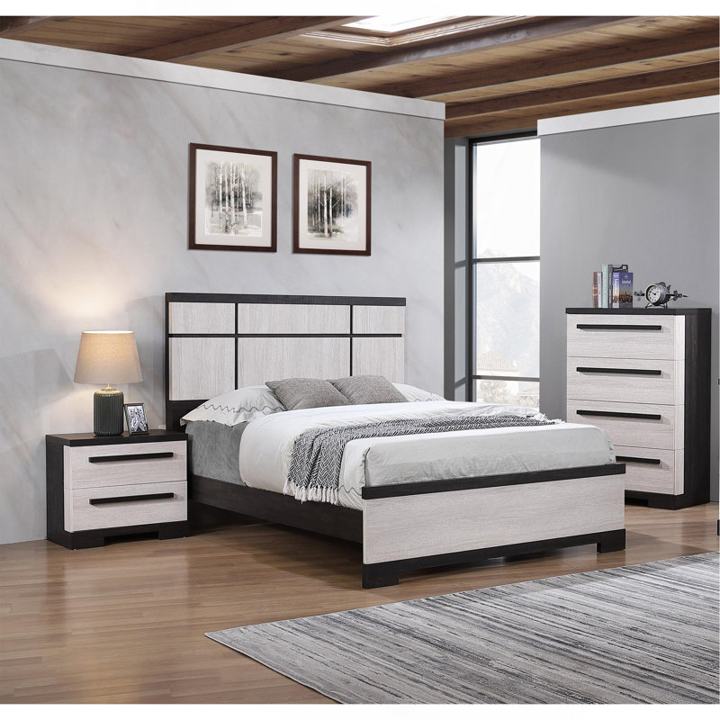 Lit de panneau contemporain 1Pc, Grand lit, Crème/gris