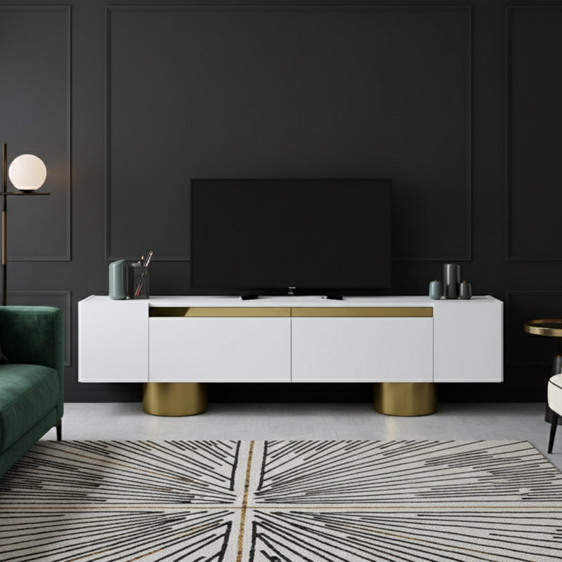 Metal Sheet Legs Unique TV Stand For Tvs Up To 78'' With Reflective Stripe, White/Gold