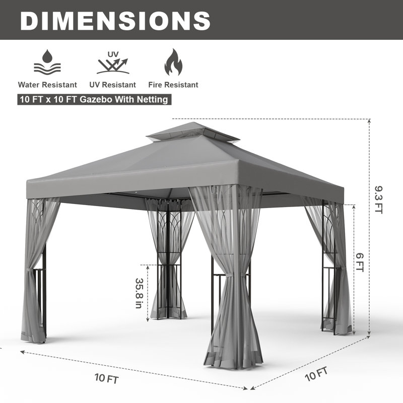 Gray 10x10 Steel Patio Gazebo with Mesh Curtains