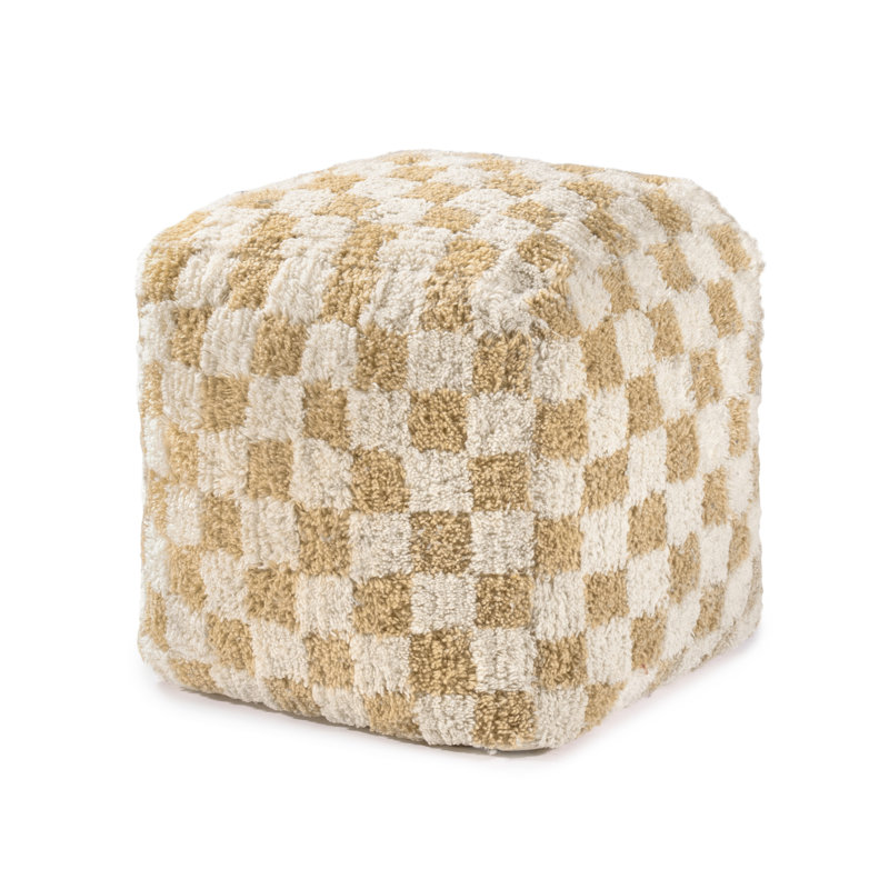 Marta 20" Beige Checkered Upholstered Pouf Ottoman, Beige
