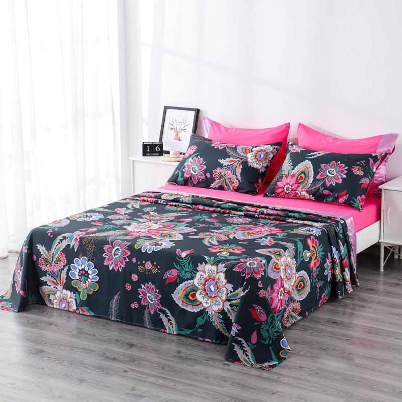 Ensemble de draps 6 pièces Polycotton, Courtepointe très grand + 5 pièces supplémentai, Motif floral rose