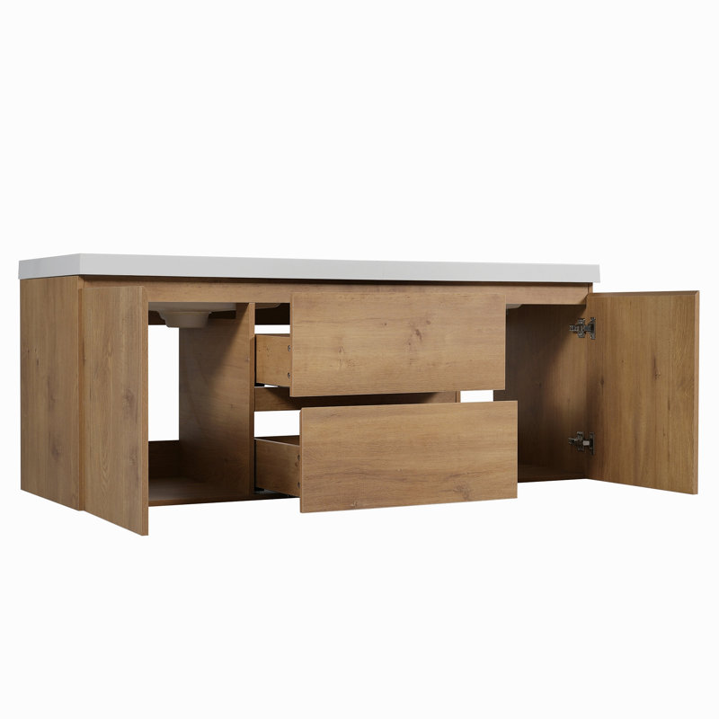 Meuble-lavabo double 59,3 po avec comptoir en SMC, armoire en panneau de fibres à densité moyenne, portes à fermeture en douceur, tiroirs divisés et meuble-lavabo mural moderne pour les grandes salles de bain