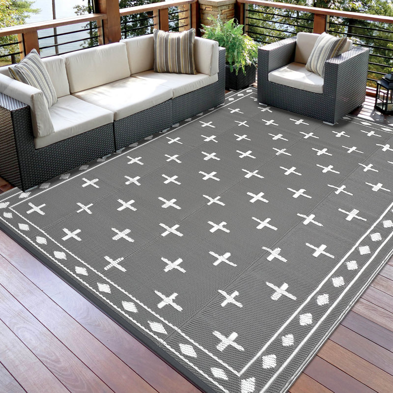 9' x 18' Waterproof Reversible Outdoor Rug, Plastic Straw Weave, Lightweight and Easy-Clean Patio Mat for Deck, Backyard, Camping or RV Use, Grey