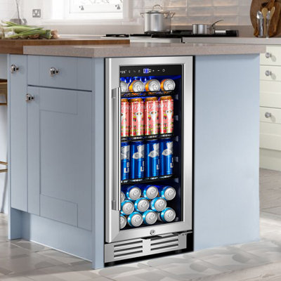 15 Inch Built-in/Freestanding Beverage Refrigerator Cooler 130 Can Beer Cooler Mini Beer Drink Fridge with Glass Door and Lock Under Counter Classic Series