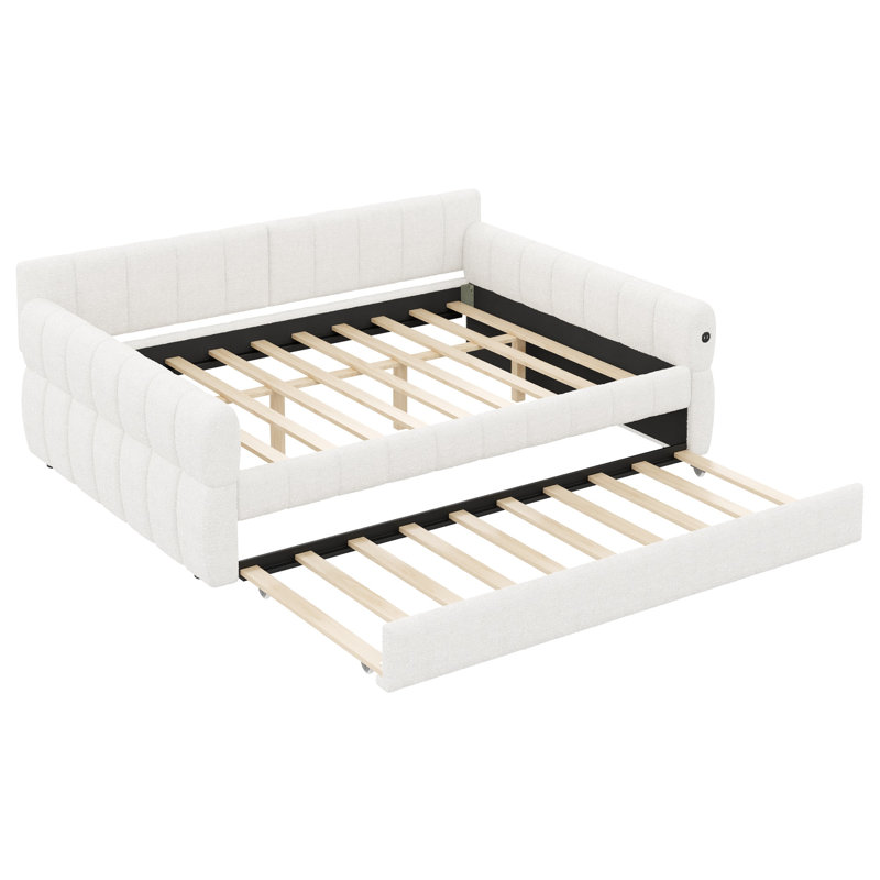 Upholstered Daybed With Usb And Trundle, White