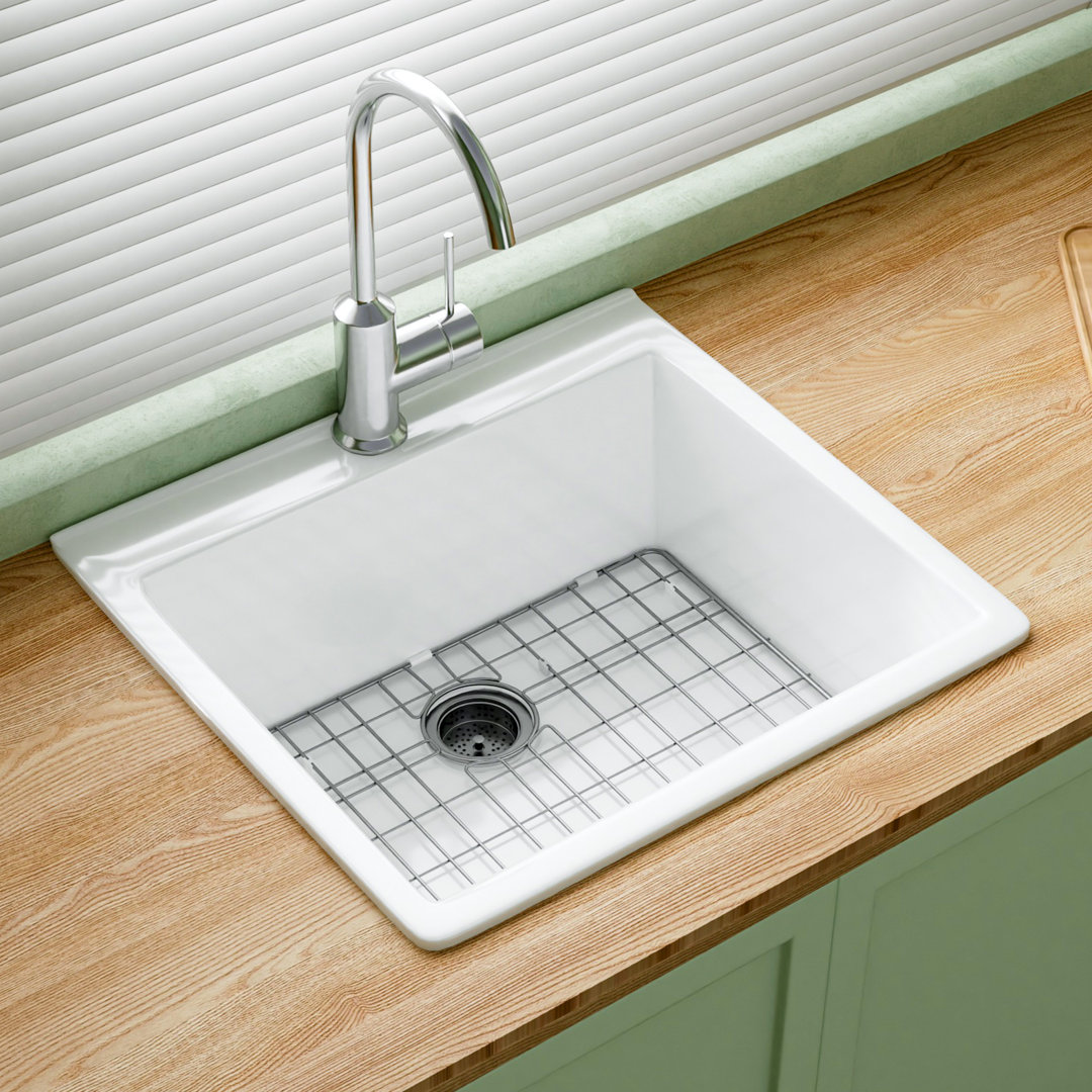 Sah 24" L x 22" W Single Bowl Fireclay Kitchen Sinks Drop-In White with Bottom Grids and 1 Faucet Hole Jasmie