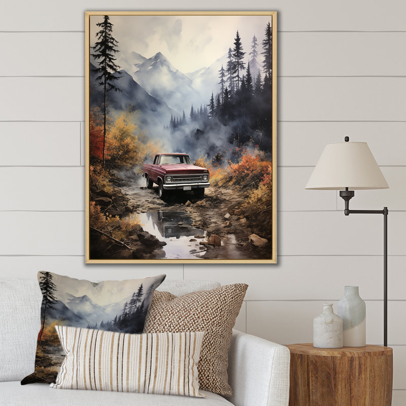 Yve Brown Pickup Truck Misty Mountains sur impression sur toile, H 40 po x l 30 po x P 1,5 po, Cadre naturel flottant