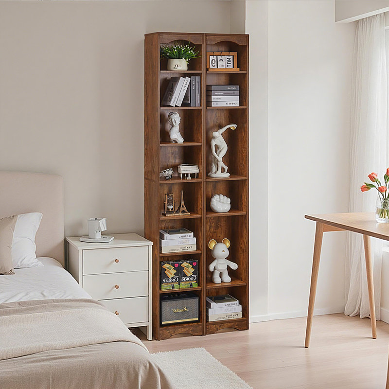 Ensemble de 2 bibliothèques hautes et étroites avec tablettes réglables, bibliothèque de rangement mince à 8 niveaux avec dispositif anti-basculement, étagère de rangement sur pied pour petits espaces